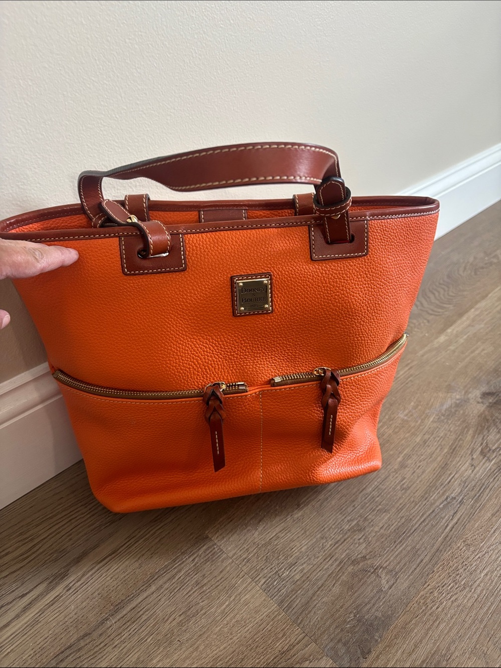 Dooney & Bourke Orange Pebble Leather Tote with Brown Trim